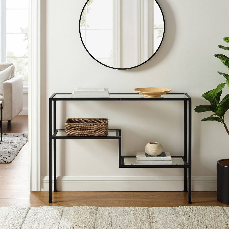 Sloane Console Table Matte Black - Crosley: Art Deco Style, Tempered Glass Shelves, Entryway Display