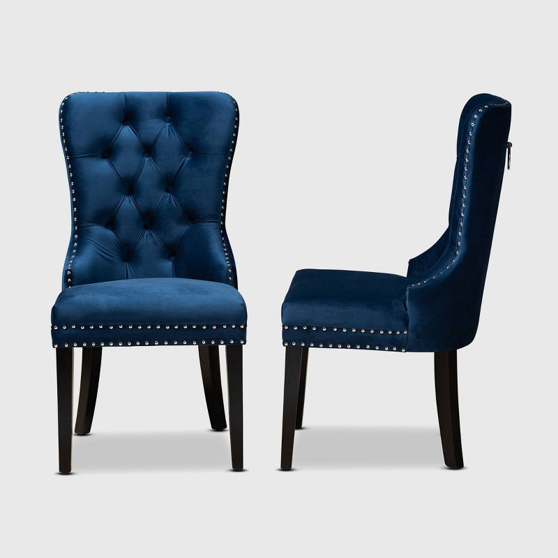 2pc Remy Velvet Upholstered Wood Dining Chair Set Blue/Espresso - Baxton Studio: Oak Frame, Soft Touch