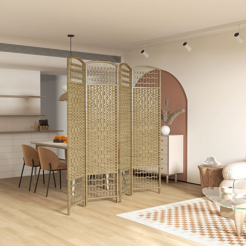 HOMCOM 4 Panel Room Divider, Folding Privacy Screen, 5.6' Room Separator, Wave Fiber Freestanding Partition Wall Divider, Natural