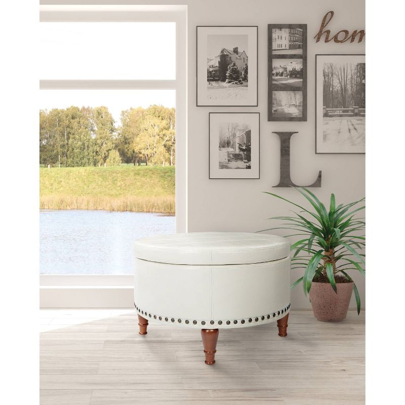 Alloway Storage Ottoman Cream - OSP Home Furnishings: Mid-Century Modern, Faux Leather, Wood Legs, Nailhead Trim