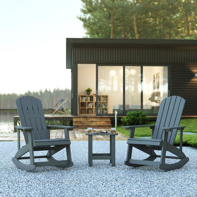 Flash Furniture Set of 2 Savannah All-Weather Poly Resin Wood Adirondack Rocking Chairs with Side Table in Gray