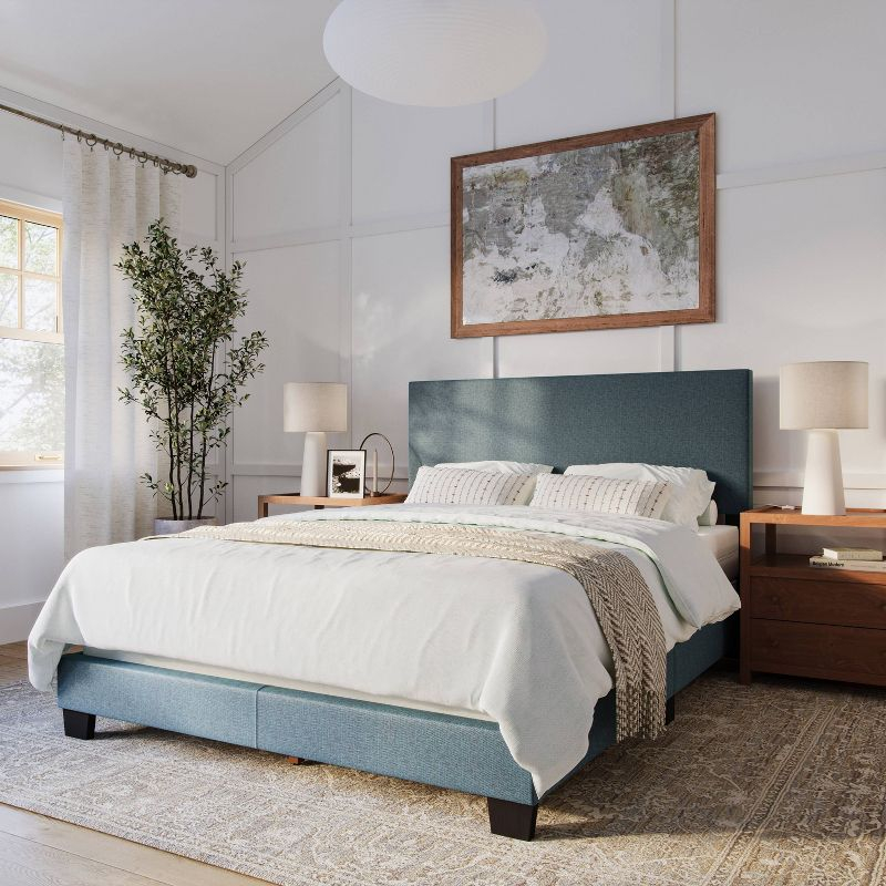 CorLiving Celeste Modern Upholstered Queen Bed Blue: Polyester Fabric, MDF & Wood Frame, 551 lbs Max Weight