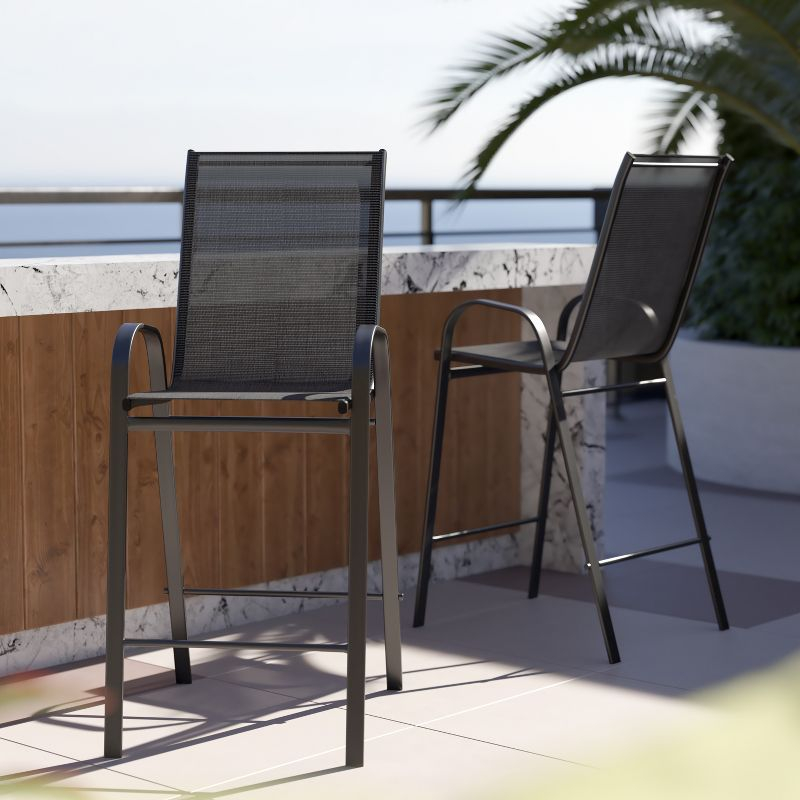 Flash Furniture 2 Pack Brazos Series Black Outdoor Barstool with Flex Comfort Material and Metal Frame