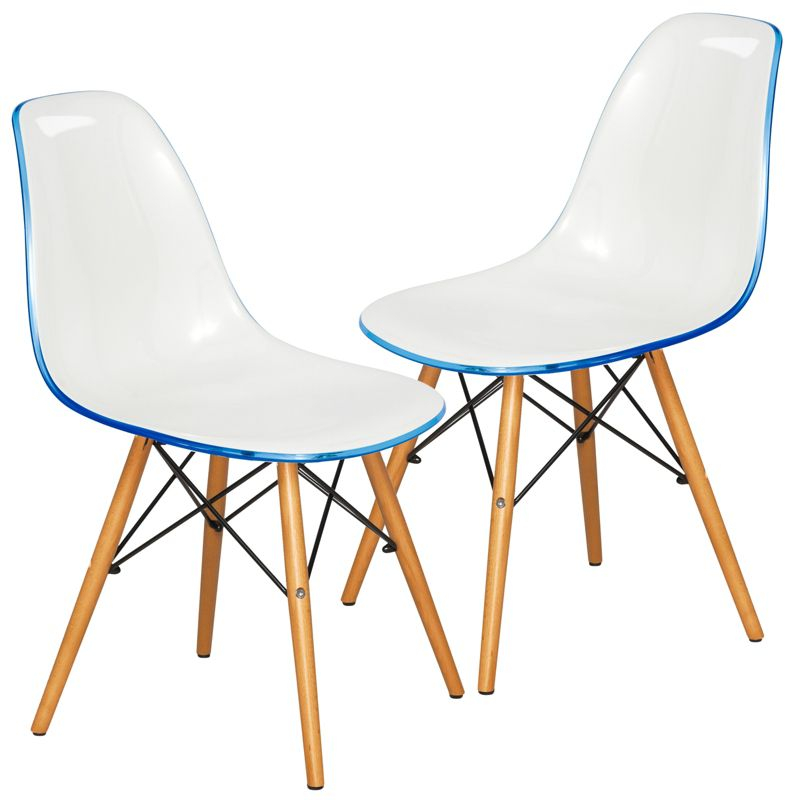 LeisureMod Dover Molded Dining Chair with Wooden Legs Set Of 2 in White Blue