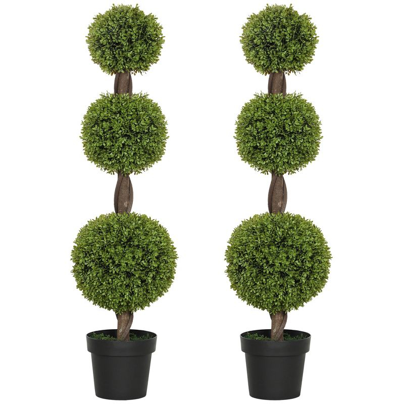 HOMCOM Set of 2 Artificial Plants Home Decor Indoor & Outdoor Plants Fake Boxwood Topiary Trees in Pots, Faux Trees, 43.25"