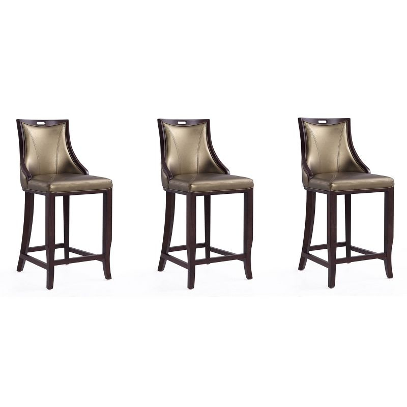 Manhattan Comfort Set of 3 Emperor Upholstered Beech Wood Faux Leather Barstools Bronze: Fixed Height, Attached Cushions, Footrest