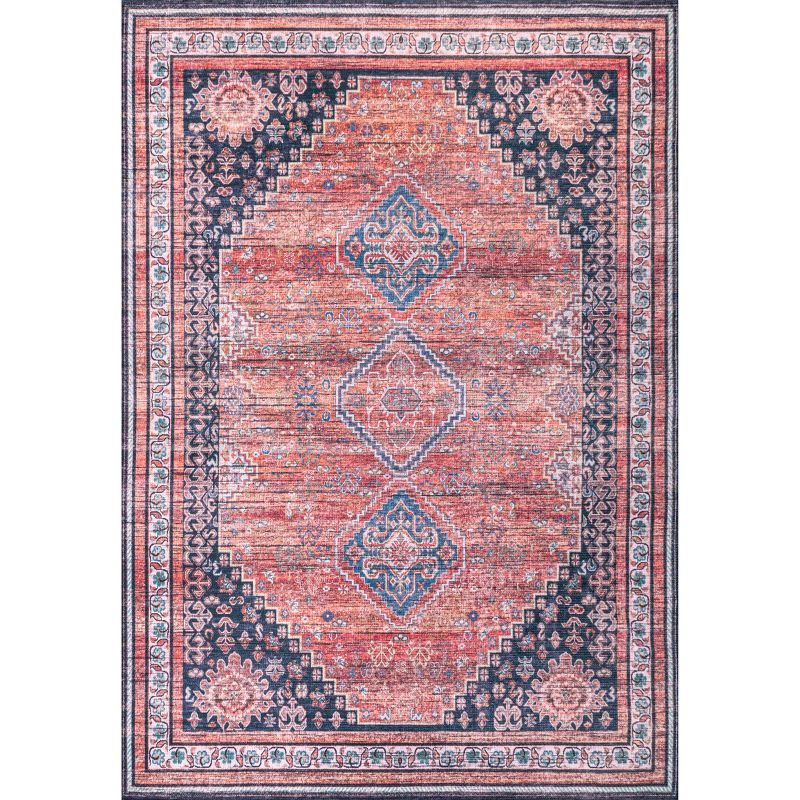 4' x 6' Dalyan Geometric Medallions Machine Washable Indoor/Outdoor Area Rug, Terra/Navy - JONATHAN Y