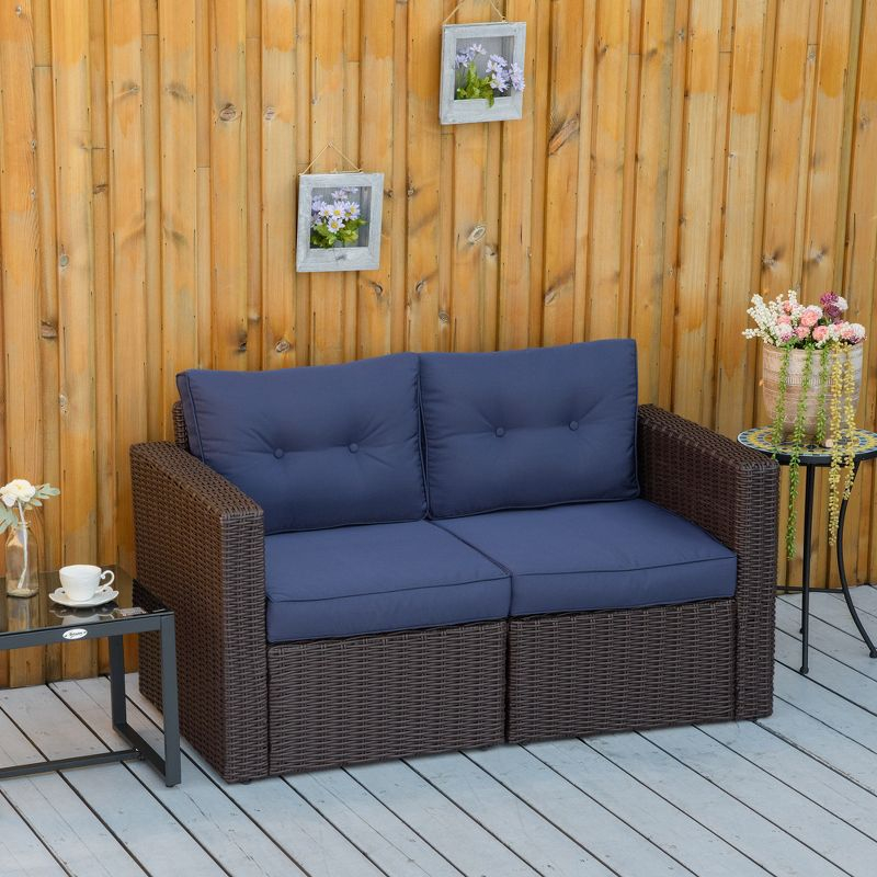 Outsunny 2 Piece Patio Wicker Corner Sofa Set, Outdoor PE Rattan Furniture, with Curved Armrests and Padded Cushions for Balcony, Dark Blue