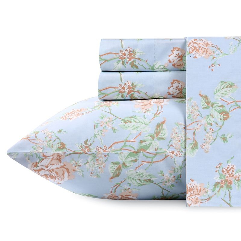 400 Thread Count 100% Cotton Printed Antique Rose Light Blue 4 Piece Sheet Set - Full - California Design Den