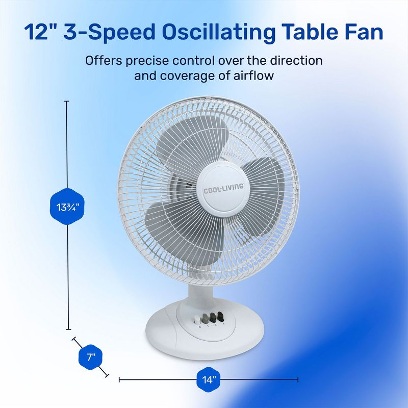 Cool Living CL-30 12-Inch 3-Speed Oscillating Table Fan, Standing Fan for Table or Counter, White