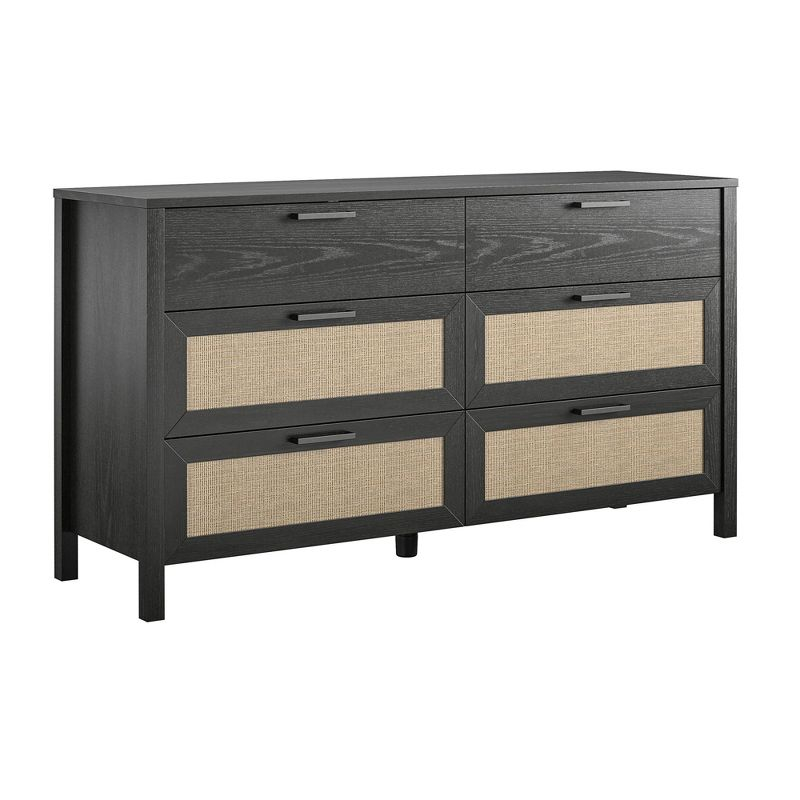 Ameriwood Home Wimberly 6-Drawer Dresser, Black Oak with Faux Rattan