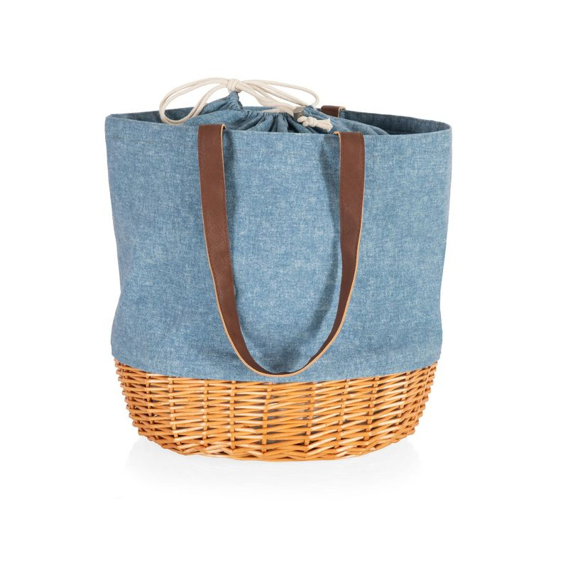 Picnic Time Coronado Canvas and Willow Basket Tote with Navy Blue and White Stripe