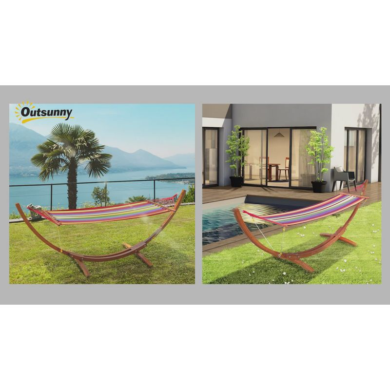 Outsunny Outdoor Hammock with Stand, Heavy Duty Wooden Frame, No Tree Needed, Indoor Outside Boho Style Nap Bed, Natural Cotton, White