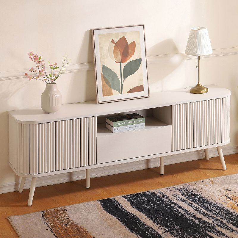 JONATHAN Y Damien 70 in. Farmhouse Curved TV Stand with Drawer and Storage Doors Fits TVs up to 75 in. with Cable Management, Off-White