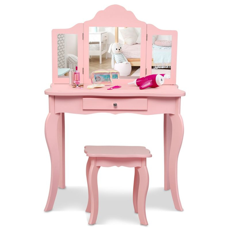Infans Kids Vanity Table & Stool Princess Dressing Make Up Play Set for Girls Pink