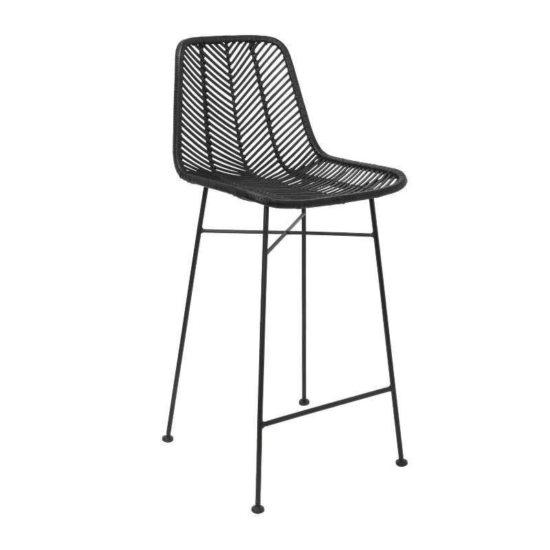 Storied Home Rattan Bar Stool Black: Wrought Iron Frame, Fixed Height, Spot Clean, Adult Use
