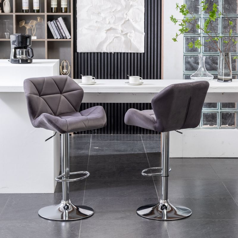 Roundhill Furniture Breni Velvet Diamond Tufted Swivel Adjustable Height Barstool, Gray, Set of 2