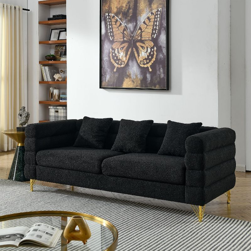 81'' Modular Oversized 3 Seater Velvet Sofa, Deep Seating with 3 Pillows for Living Room, Bedroom, Black - Maison Boucle