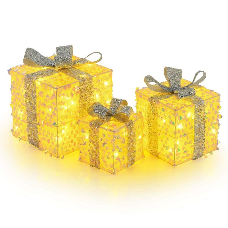 Costway 3 PCS Christmas Lighted Gift Boxes with 90 LED Lights Zip Ties Ground Stakes