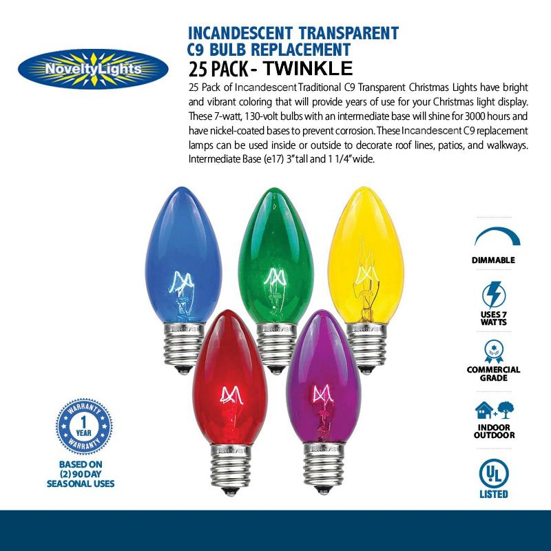 Novelty Lights Twinkle blue C9 Incandescent Traditional Vintage Christmas Replacement Bulbs 25 Pack