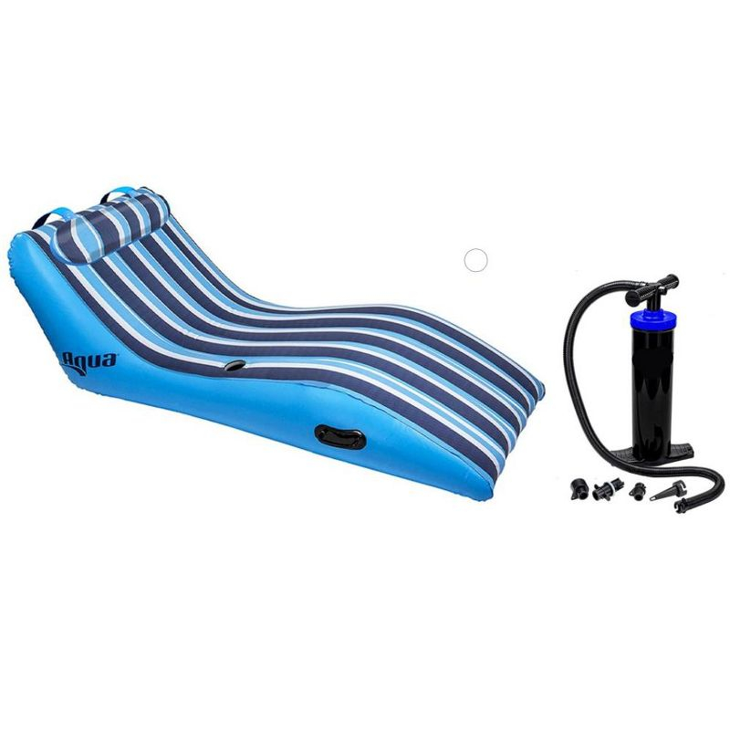 Aqua Key West Ultra Cushioned Comfort Lounge Swimming Pool Float with Pillow & Dual Action Hand Pump with 4 Nozzle Adapters Attachments