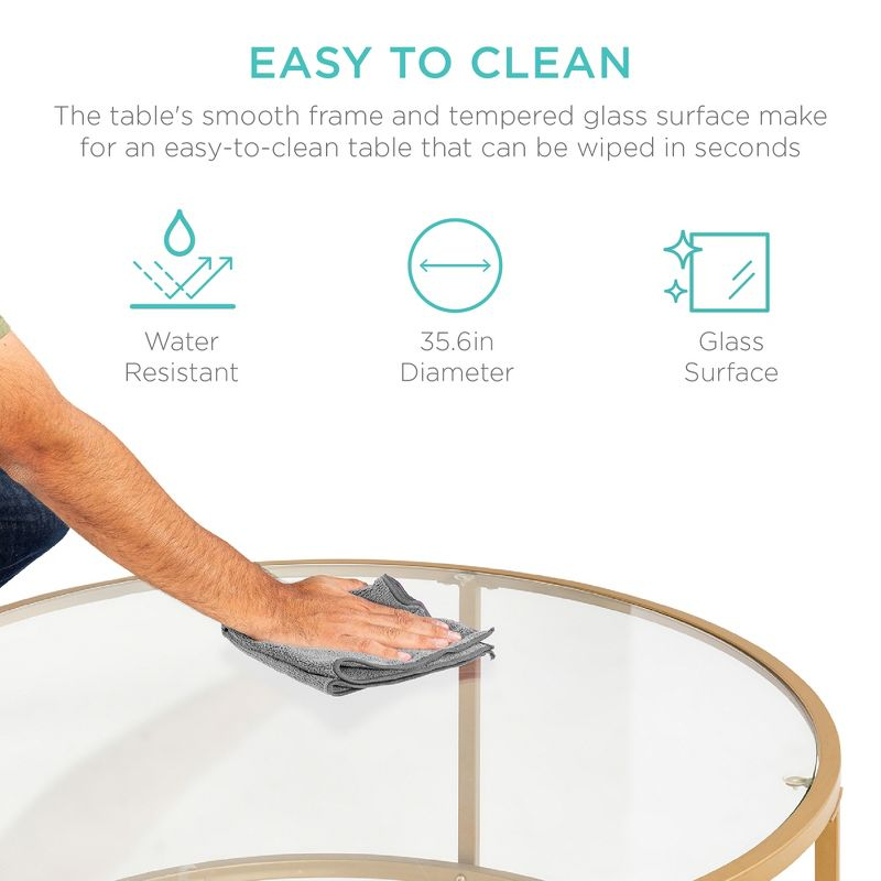 Best Choice Products 36in Round Tempered Glass Coffee Table for Home, Living Room, Dining Room w/ Satin Trim - Gold