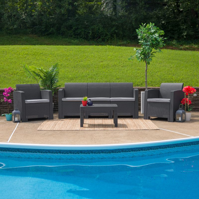 Merrick Lane 4 Piece Dark Gray Faux Rattan Patio Furniture Set with 2 Chairs and Sofa with Removable Light Gray Cushions and Table