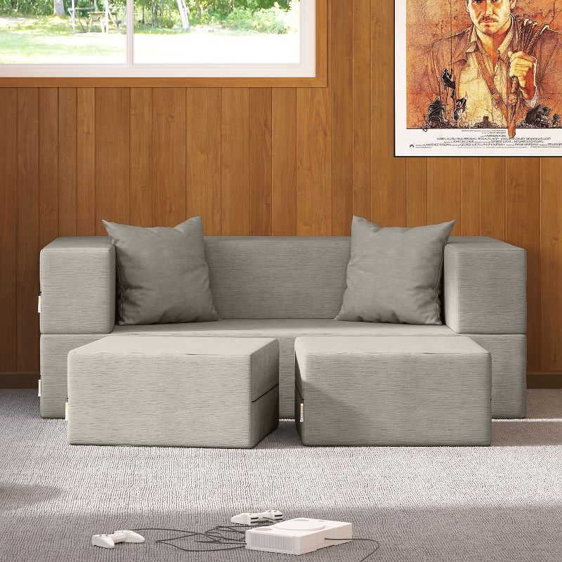 Jaxx Zipline Convertible Sleeper Loveseat & Ottomans, Textured Microvelvet - Dove Grey