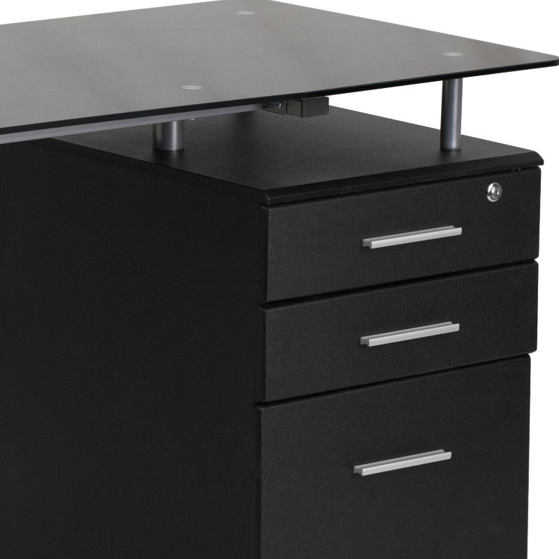 Emma and Oliver Black Glass Computer Desk with Three Drawer Pedestal