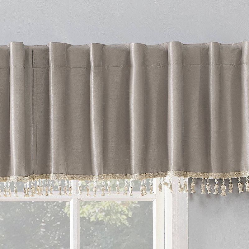 50"x17" Sun Zero Blackout Evelina Faux Dupioni Silk Beaded Tassels Curtain Valance Beige: Window Valance, Solid Pattern