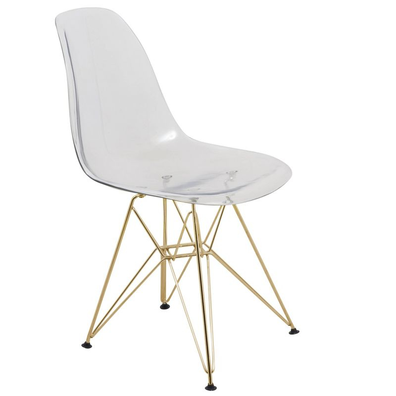 LeisureMod 5-Piece Dining Set with 35" Round Dining Table in White Iron Pedestal Base and 4 ABS Plastic Side Chair with Gold Base, Clear