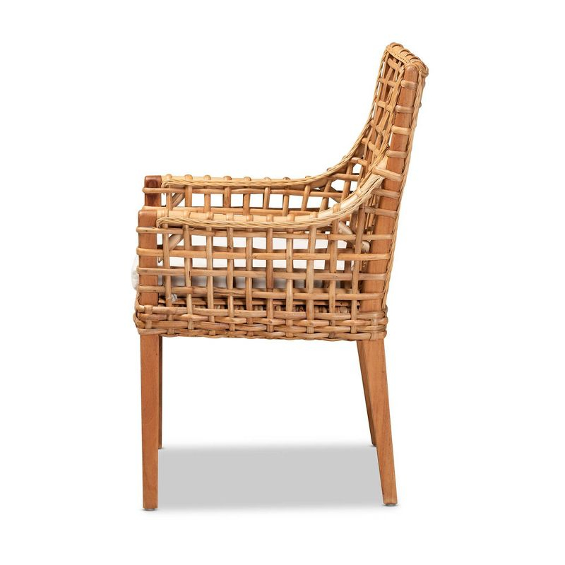 bali & pari Saoka Wood and Rattan Armchair Natural Brown/White: Polyester Upholstered, No Assembly Required