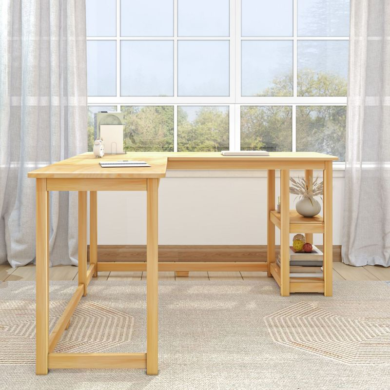 Plank+Beam Solid Wood Corner Desk for Home Office, Gaming, Computer with Storage Shelves, Natural