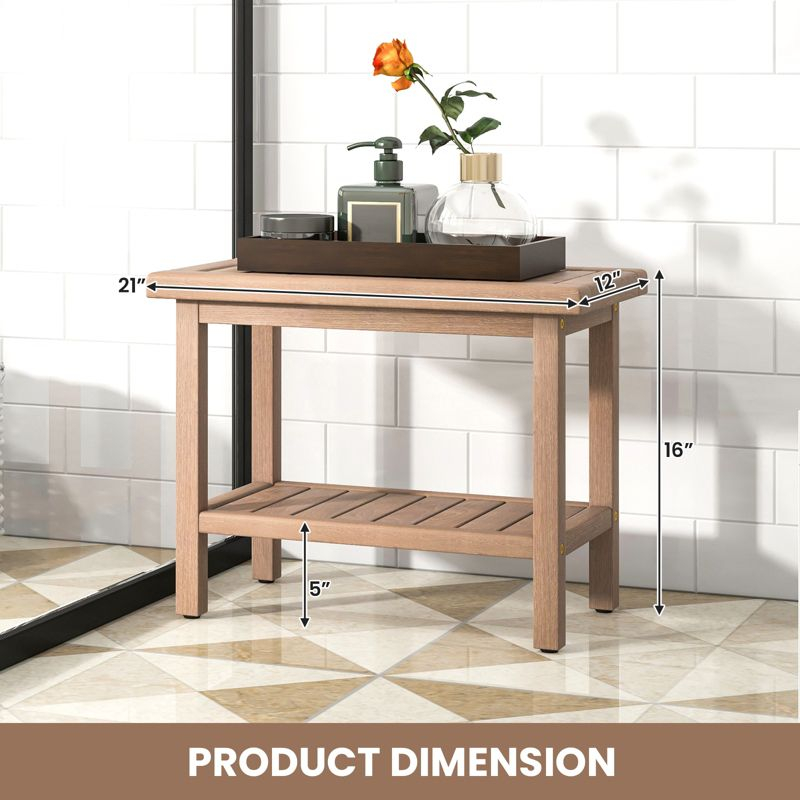 Costway 21'' Indonesia Teak Wood Shower Bench 2-Tier Waterproof Bath Spa Stool with Storage Shelf