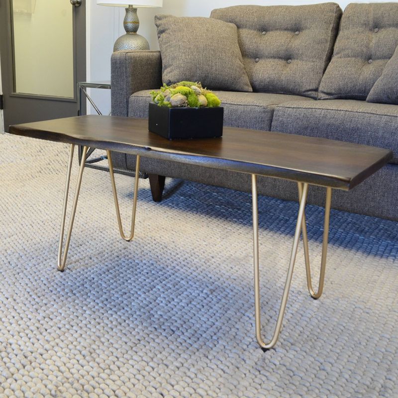 Carolina Living Langdon Live Edge Coffee Table/Bench Elm/Gold: Rectangular Acacia Top, Metal Frame, Non-Toxic Finish