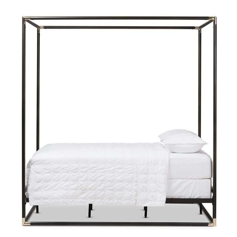 Queen Eva Vintage Industrial Finished Metal Canopy Bed Black - Baxton Studio: Matte Dark Bronze, Brass Accents