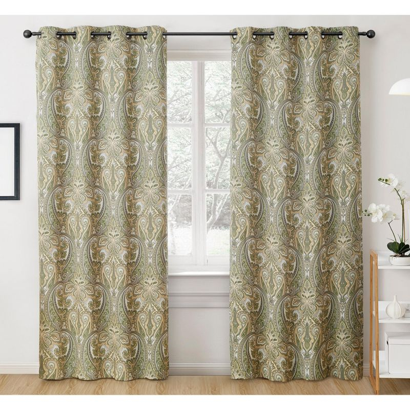 HLC.ME Paris Paisley Decorative Print Damask Pattern Light Reducing Grommet Window Curtain Panels for Bedroom, Set of 2 - Sage, 50 W x 84 L