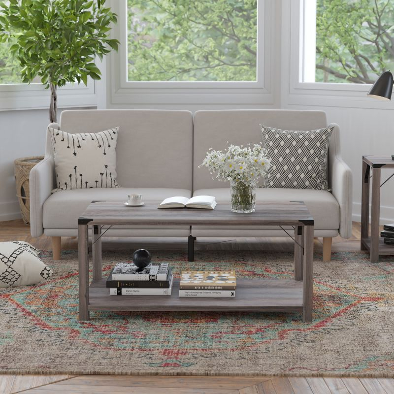 Flash Furniture Wyatt Modern Farmhouse Wooden 2 Tier Coffee Table with Black Metal Corner Accents and Cross Bracing, Gray Wash