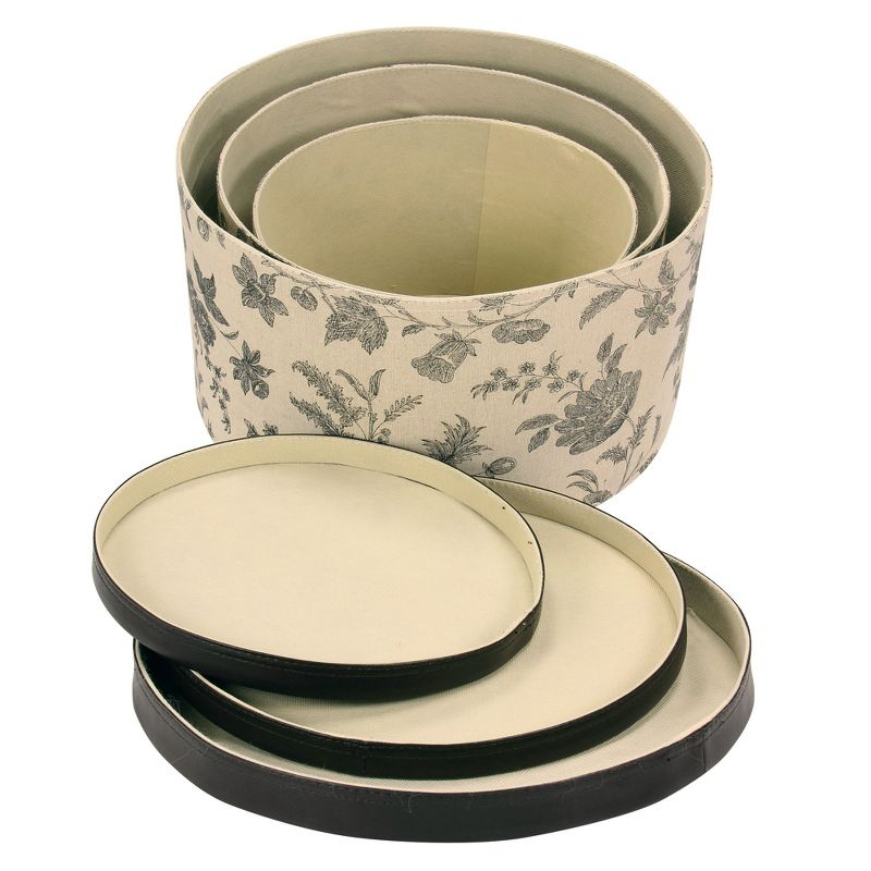 Round Hat Boxes with Lids, Detailed Floral Print with Faux Leather Lids, Large, Medium and Small, Black and Tan
