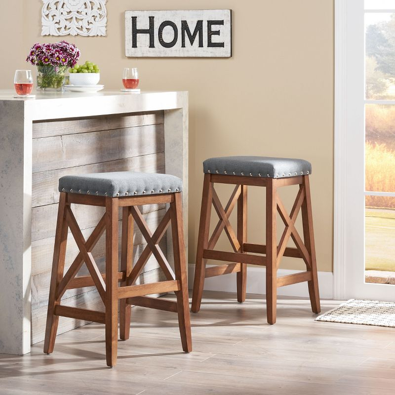 GDFStudio Ropp Farmhouse Fabric Upholstered 29.5 Inch Backless Barstools with Nailhead Trim (Set of 2), Charcoal