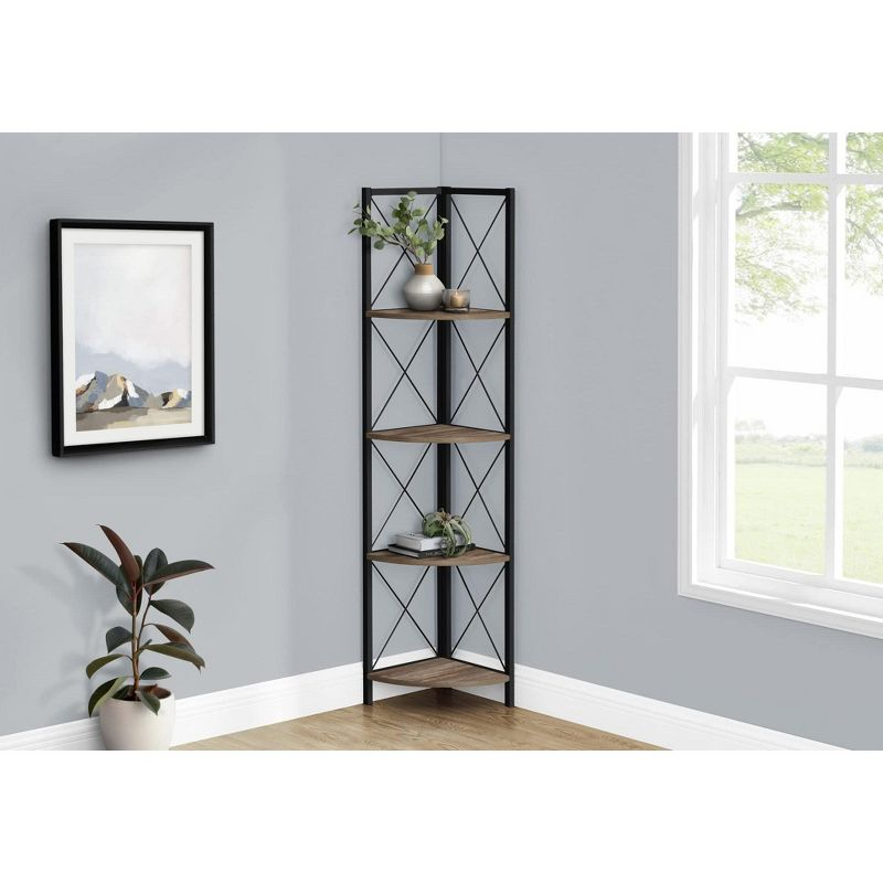 Monarch Specialties Bookshelf Bookcase Etagere Corner 4 Tier 60InchH Office Bedroom Metal Laminate Brown Black Contemporary Modern