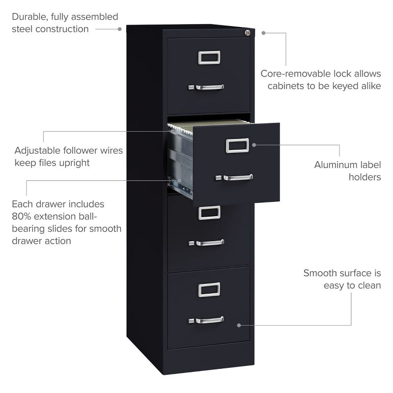 Hirsh Vertical File Cabinet 4 Drawer 22" - Black: Steel Office Filing, GreenGuard & ANSI/BIFMA Certified, No Assembly Required
