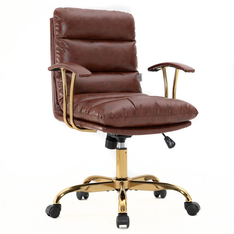 LeisureMod Regina Single Ergonomic Padded Leather Lumbar Support Adjustable Height Swivel Executive Office Chair with Gold Steel Frame