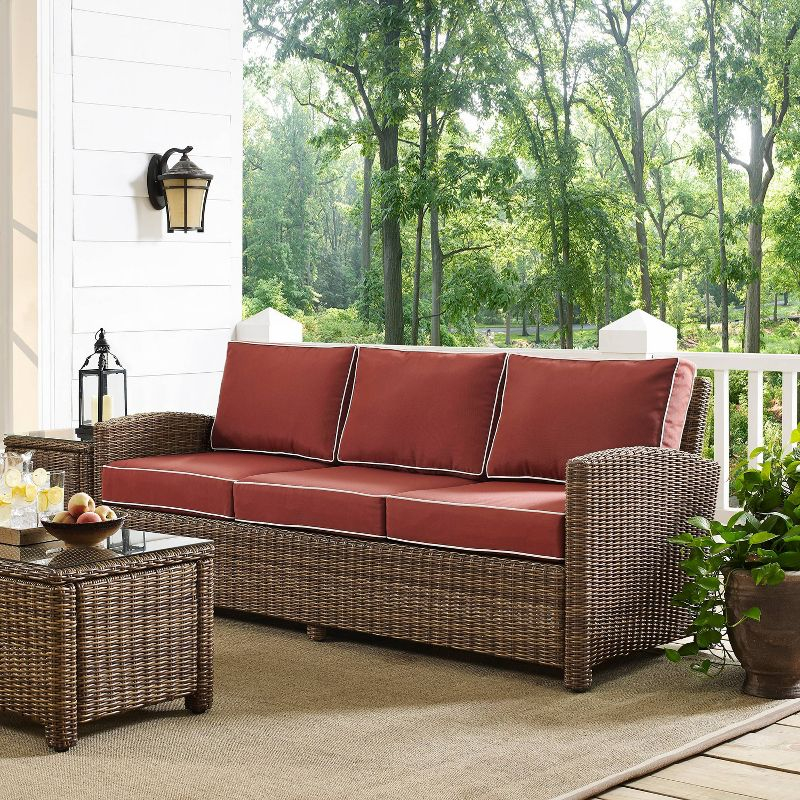Bradenton Outdoor Wicker Sofa - Sangria - Crosley: Steel Frame, UV-Resistant, 3-Seater Patio Couch with Foam Cushions