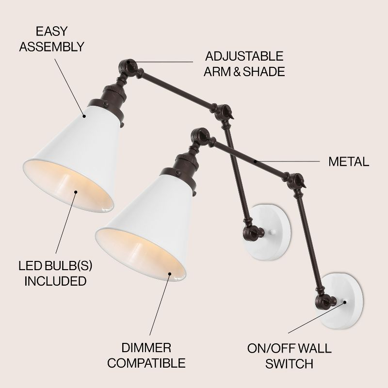 JONATHAN Y Rover 7" Classic Industrial Metal Adjustable Arm LED Wall Sconce, White/Oil Rubbed Bronze (Set of 2)