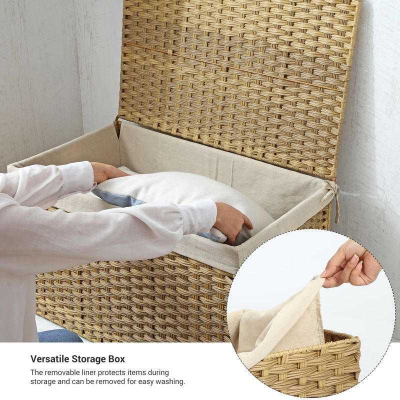 SONGMICS Storage Basket with Lid, 42.3 Gallon (160L) Storage Bin, Woven Blanket Storage Basket with Handles, Foldable, Removable Liner, Natural