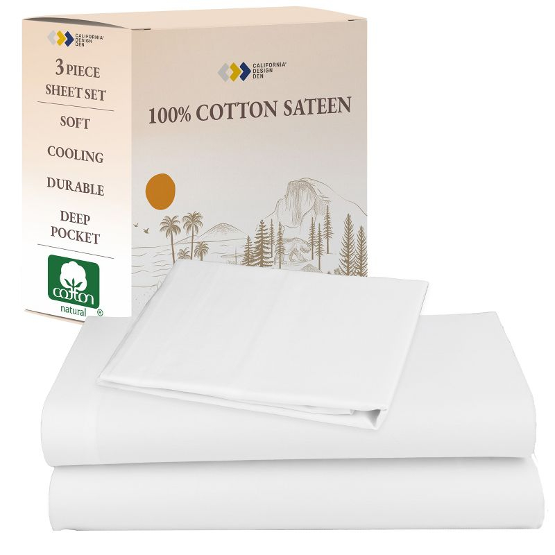 Soft 100% Cotton Sheets Set - Cooling Durable Sateen, Deep Pocket - by California Design Den - Bright White, Twin