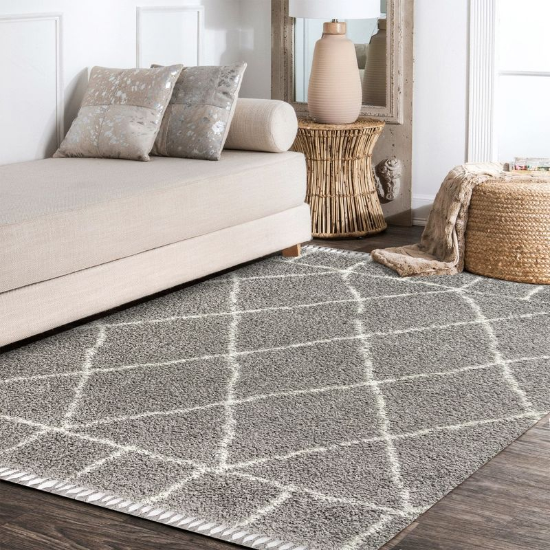 4'x6' Mercer Shag Plush Tassel Moroccan Geometric Trellis Area Rug, Grey/Cream - JONATHAN Y