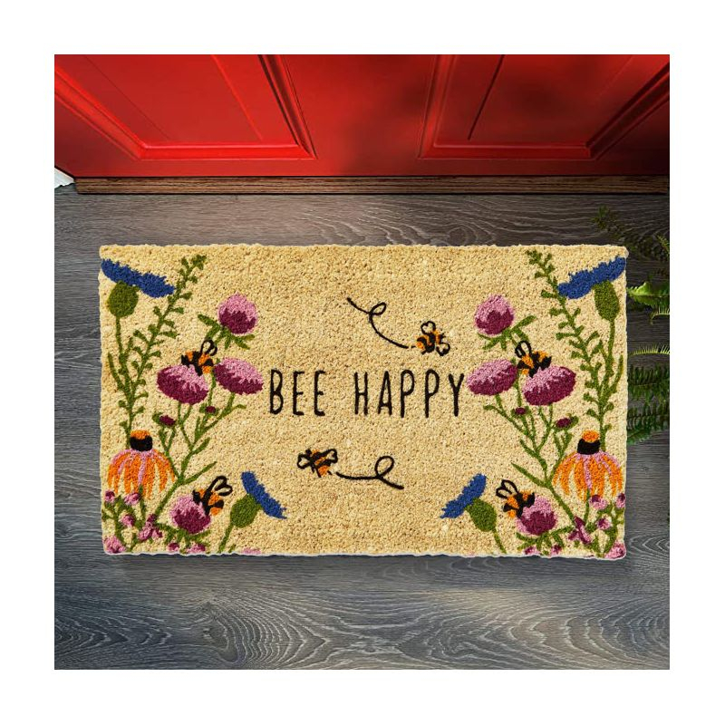 TAG 1'6" x 2'6"  Bee Happy Wildflower Coir Mat Rectangle Indoor and Outdoor Coir Door Welcome Mat