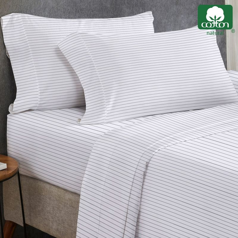 400 Thread Count 100% Cotton Printed PINSTRIPE Light Grey 4 Piece Sheet Set - Full - California Design Den
